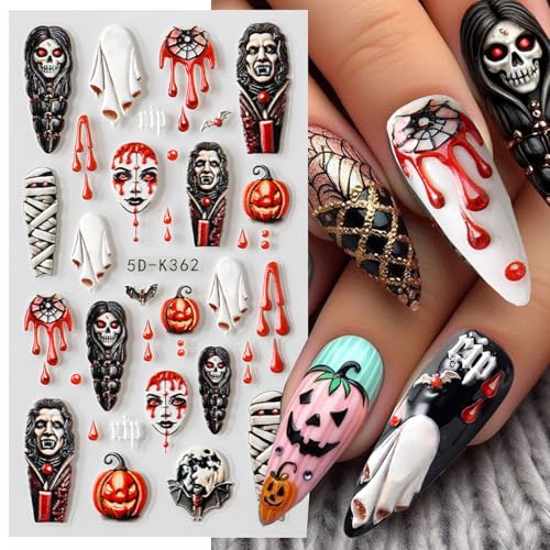 Halloween Nail Art Stickers 5D Embossed Horror Design - Colorful, 2 Sheets