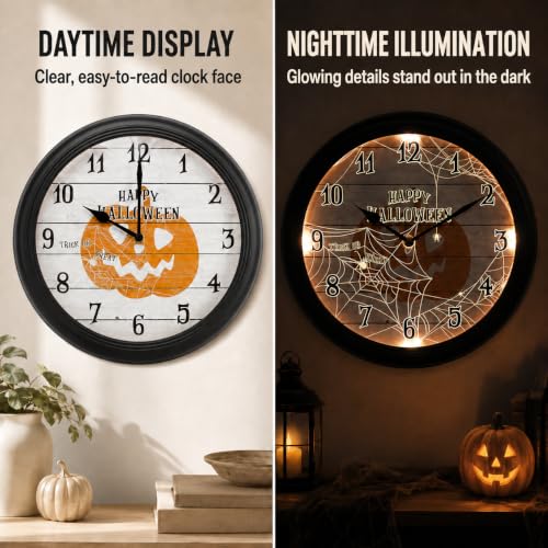 Halloween Pumpkin LED Wall Clock - 12.5 Inch Analog Night Light Decor - Battery Operated, Easy Read for Bedroom & Living Room - Pumpkin Style