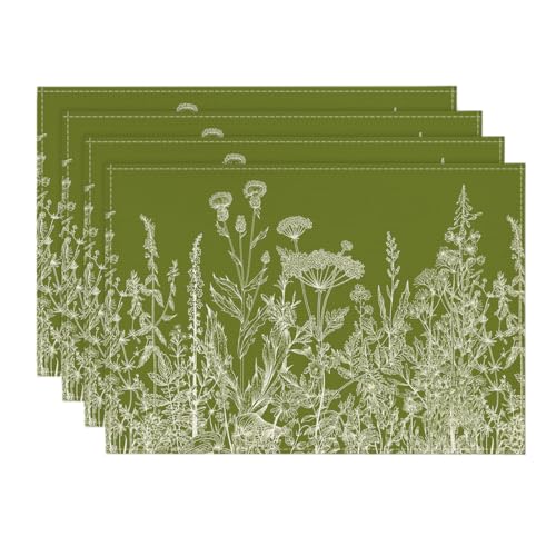 Spring Placemats Set of 4 - 12x18 Inch Green Herb & Flower Table Mats