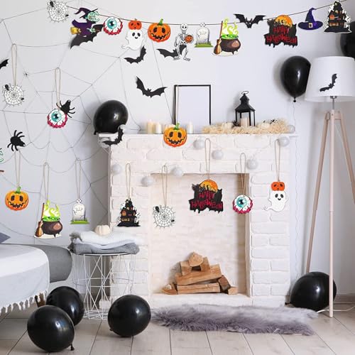 Halloween Wooden Hanging Ornaments Set - Skeleton, Pumpkin, Witch, Black Cat, 24 Pcs