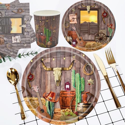 Western Cowboy Party Supplies Set for 25 Guests - Plates, Napkins, Cups & Utensils