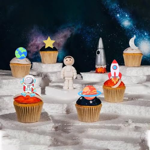Edible Space Astronaut Cupcake Toppers Set - 12 Variations Planet Rocket Moon