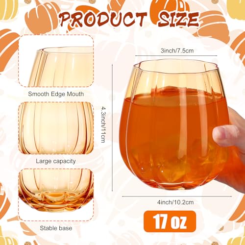 2 Pcs Fall Pumpkin Wine Glasses - Orange 17oz Stemless Glass Cups - Halloween & Thanksgiving Decor