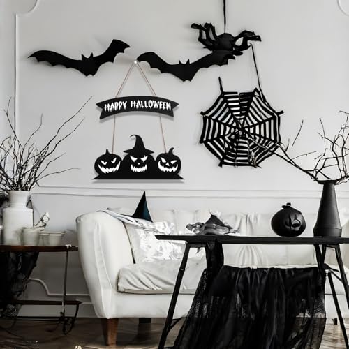 Halloween Pumpkin Wooden Door Sign Set - Happy Halloween Decor for Front Door