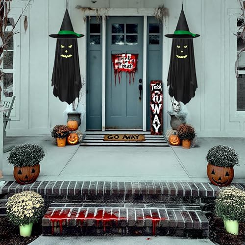 Halloween Hanging Ghost Decorations Outdoor with Glowing Face - Black Ghost, 2 Pack