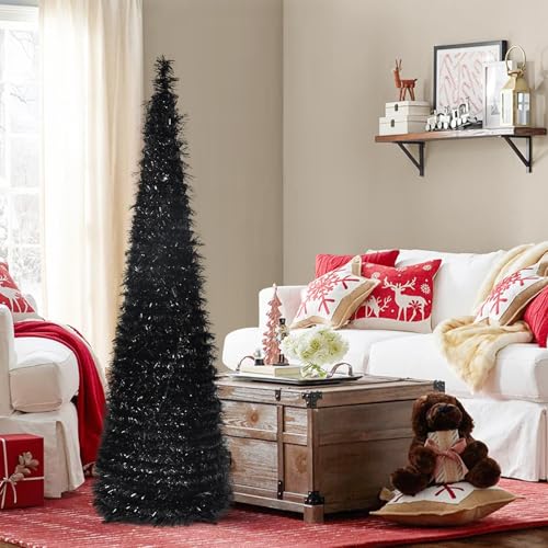 Black 5FT Collapsible Pop Up Tinsel Christmas Tree - Pencil Style