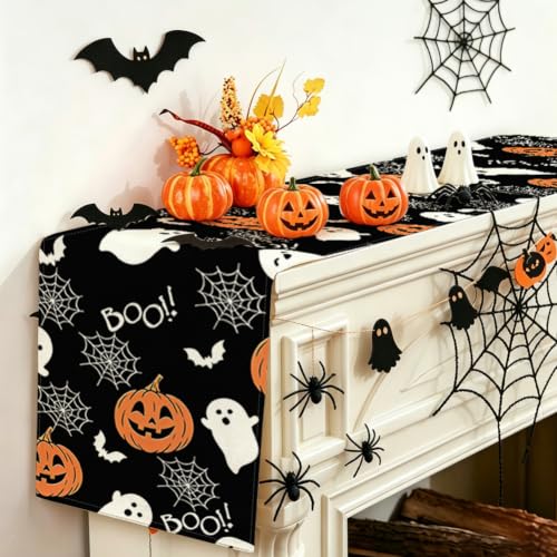 Black Halloween Table Runner Boo Ghost Pumpkin 13x60 Inches - Spooky Kitchen Decor