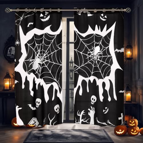 Halloween Curtains for Living Room & Bedroom - Black Spider Web 2 Panels - 55W x 84L - Variation of Black / 55W x 84L