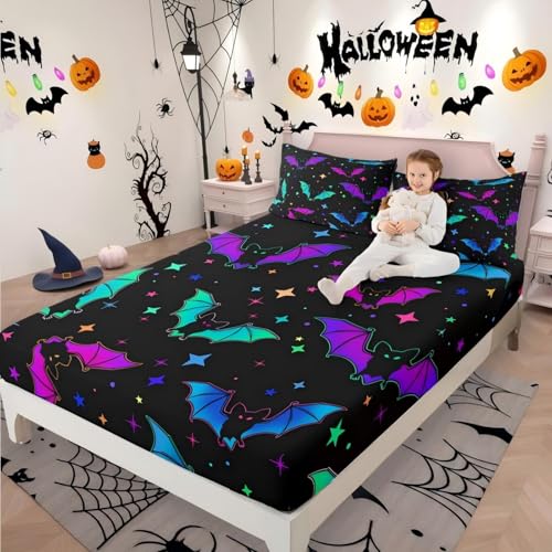 Halloween Bat Bedding Set Full Size Multi 10 - Kids Galaxy Bed Sheets with Glitter Stars