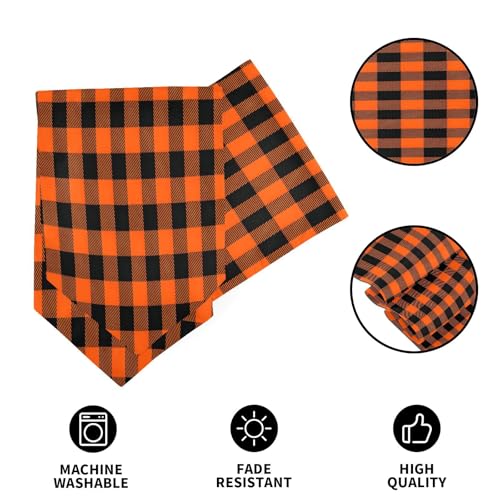 Double-Sided Thanksgiving Halloween Buffalo Plaid Table Runner 18x72 Inches - Black Orange Decor