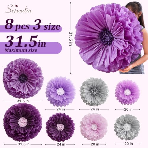 Giant Purple Paper Flower Decorations Wall Set - Elegant Lavender & Silver, 8 pcs