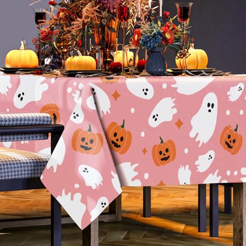 Pink Halloween Tablecloth 60x104 Inch Ghost Pumpkin Decor for Home & Party