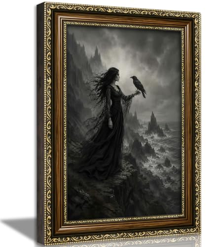 Crow Wall Art - Gothic Witch Raven Canvas Print with Vintage Frame, 16x12 Inches