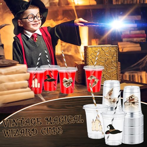 Wizard Themed Disposable Plastic Cups 12 oz Set of 50 with Lids & Straws - Gold & Black Variation