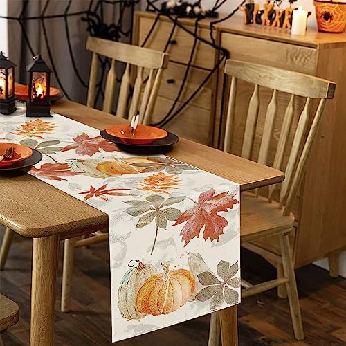 Fall Table Runner Pumpkin Maple Leaf Watercolor 13x72 Inch Seasonal Autumn Dining Decor - GAGEC
