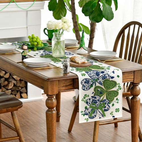 Blue and White Porcelain Shamrocks Table Runner 13x72 Inch for St. Patrick's Day Kitchen Decor