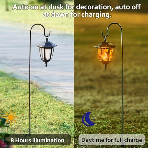 Warm White Solar Flickering Flame Hanging Lanterns - 6 Pack with Shepherd Hooks