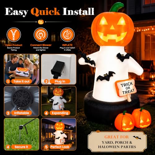 White 6 Ft Tall Halloween Inflatable Pumpkin with Bat & Trick or Treat LED Decor
