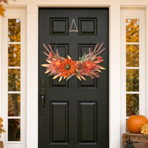 Fall Sunflower Wreath for Front Door - 17 Inch Artificial Autumn Decor - Orange Flowers