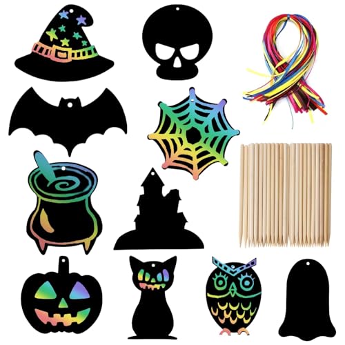Rainbow Scratch Paper Art Set with Wooden Sticks & String - Halloween DIY Decorations (H-2)