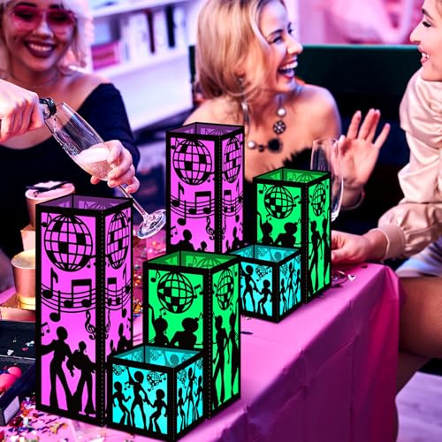 Disco Lantern Centerpieces Set - 12 LED Colored Candles & Paper Lights, Black Pink Green Variations