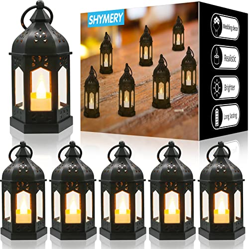Electroplating Gold Mini Lantern Set with Flickering LED Candles - Vintage Black Hanging Candle Lanterns for Halloween Weddings & Christmas (6 Pcs)
