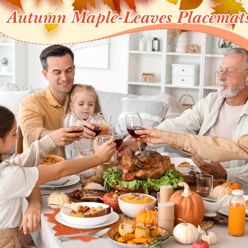 8 Pcs Maple Leaf Linen Placemats - Embroidered Washable Table Decor - Classic Design