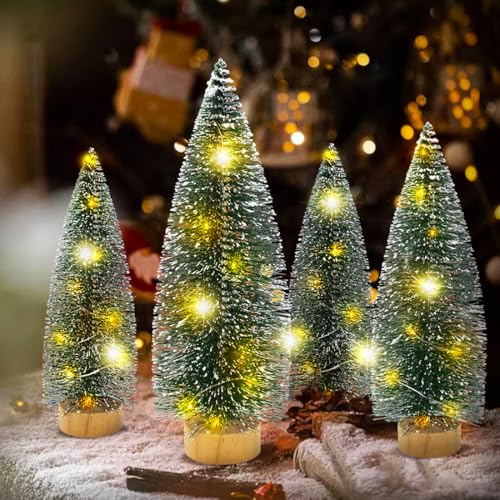 Mini Christmas Tree with Lights Set of 4 - Bottle Brush Trees with Wooden Base