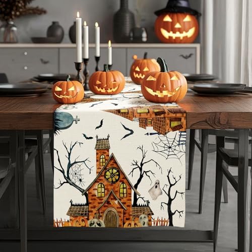 Artscope Halloween Table Runner - Orange Spooky Haunted House Tree Design, 13x36 Inches - Fall Home Decor