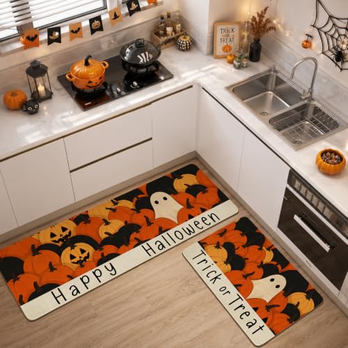 Halloween Ghost Pumpkin Kitchen Mat Set of 2 Non-Slip Washable Decor - Ghost Pumpkin