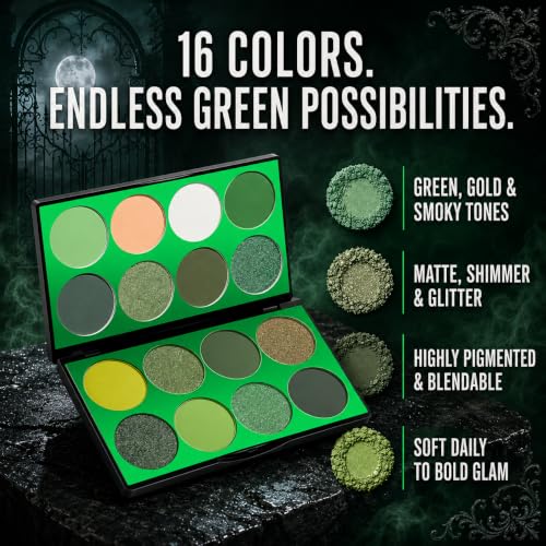 Green Eyeshadow Palette for Halloween & Gothic Makeup - 16 Colors - Miss Rõse