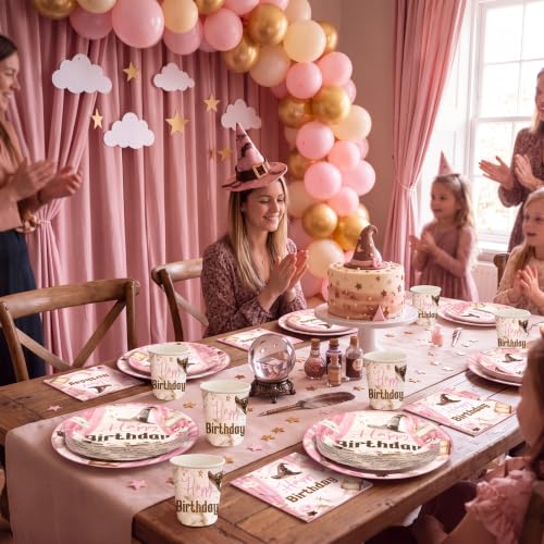 Pink Magical Wizard Birthday & Halloween Party Decorations Set - 96 Pieces with Plates Cups Napkins - Sunnychicc