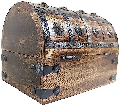 Pirate's Treasure Chest Jewelry Box with Lock & 2 Keys - 8x6x6 Inches, Wooden Nautical Decor - 1 Pack