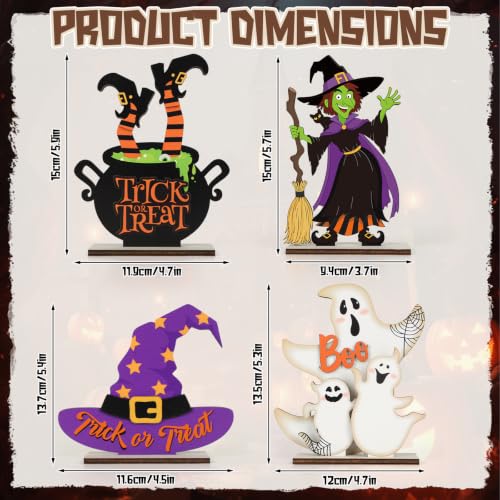 Halloween Wooden Table Centerpiece Signs - 4 Pack Rustic Ghost & Witch Decor with Variation Style 1