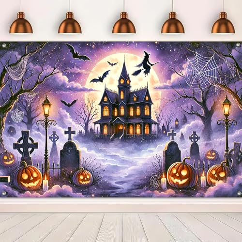 Halloween Backdrop Haunted House Witch Banner 71x43 Inch - Halloween Decor Variation 7