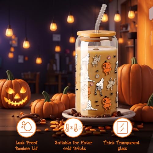 Funny Halloween Ghost Glass Cups with Lid & Straw - 16 oz Boo Basket Stuffer