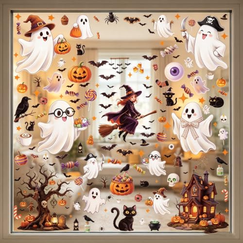 Halloween Window Clings Decor - Ghost Pumpkin Bat Skull Spider Web Decals Set