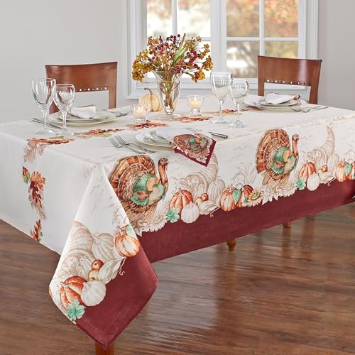 Holiday Turkey Bordered Fall Tablecloth - 120 x 60 Inch Rectangular Multicolor