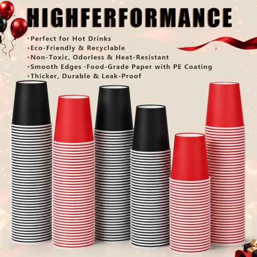 Disposable Paper Cups 8 oz Black and Red Set for Parties and Events - 300 Pack