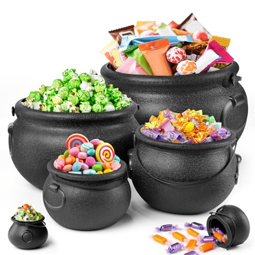 Halloween Witch Cauldron Decorations 6 Pack - Large Black Plastic Cauldrons for Party & Haunted House