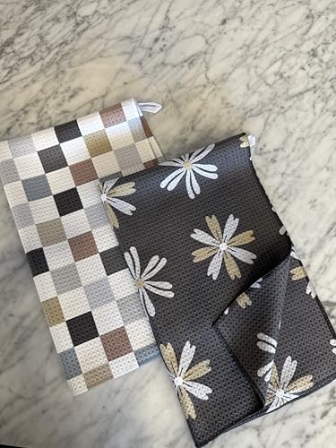 Microfiber Dish Towels Set - Gray Checkered Kitchen Towels 2 Pc - Absorbent & Double Sided with Hanging Loops