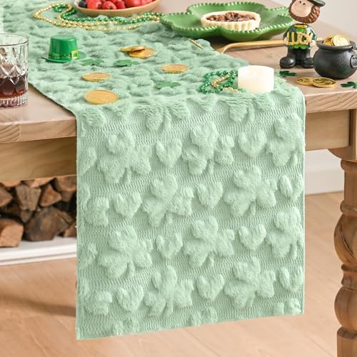 Sage Green Faux Fur Heart & Clover Table Runner 13x60 Inch Seasonal Kitchen Decor