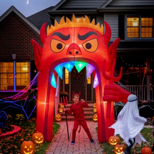 13FT Halloween Inflatable Archway with RGB LED Lights - Red Devil Yard Decor