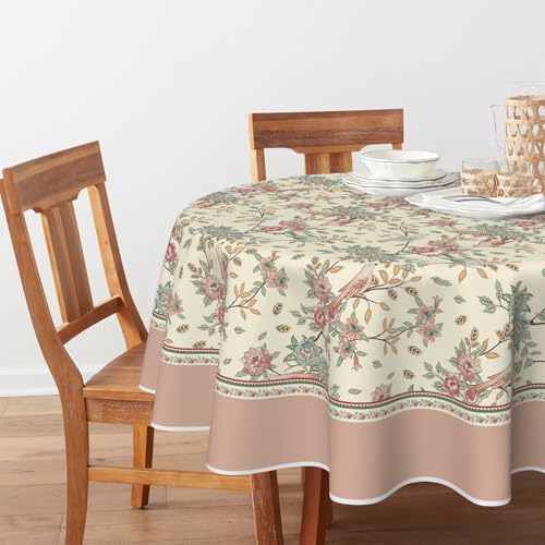 Round Floral Birds Tablecloth 90 Inch Pink - Durable Polyester Home Decor