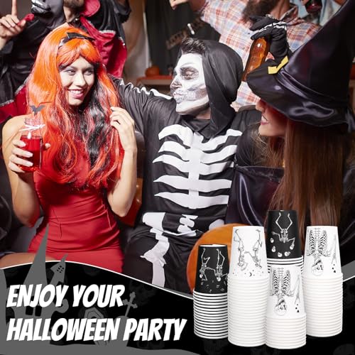 Halloween Skeleton Paper Cups - Black & White Dancing Skeleton Design, 9oz, 100 pcs, Disposable Party Tableware