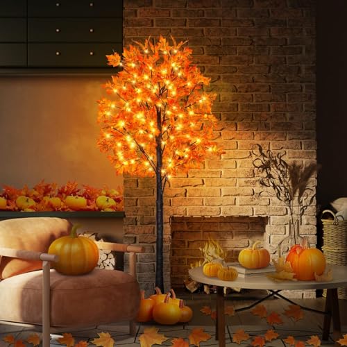 2 Pack 6Ft 130 LED Fall Maple Tree with 8 Flashing Modes Dimmable Thanksgiving Decor