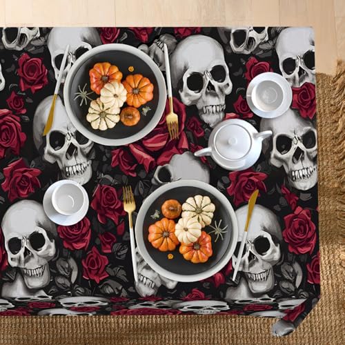 Halloween Gothic Skull Rose Rectangle Tablecloth 60 x 84 Inches - Skull Variation