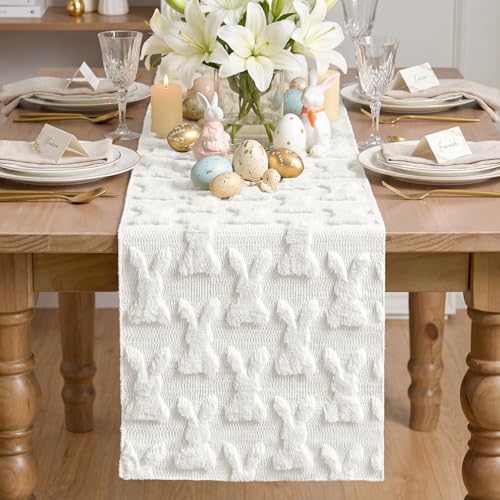 White Faux Fur Bunny Rabbit Easter Table Runner 13x48 Inch - Seasonal Kitchen Decor