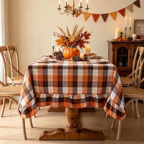 Orange Brown Ruffled Thanksgiving Tablecloth - 84 x 60 Inch Rectangular Fall Harvest Cover