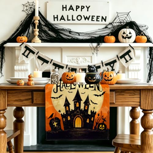 Halloween Table Runner 13x72 Inch Haunted Castle Design - Orange, Spooky Decor